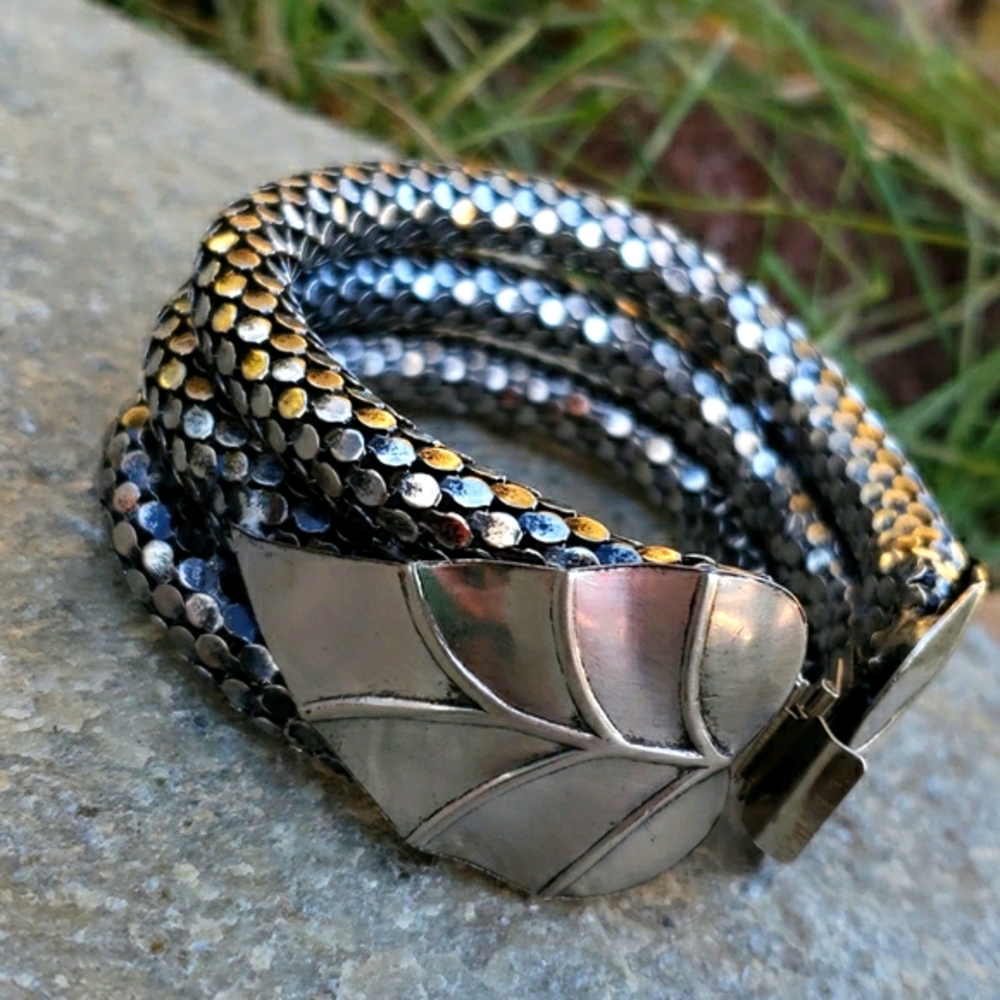 Vtg Chunky Silvertone Dragon Scale Leaf Bracelet